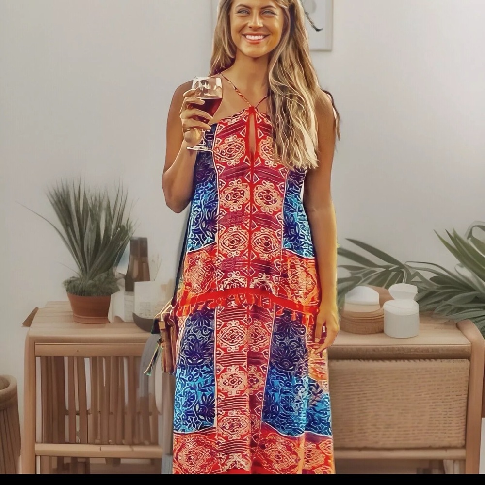 LOVESTITCH Dress Womens Red Batik Print Maxi Halter Open Back Boho NWT - Picture 2 of 16